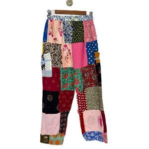 Handmade Jogger Pants Womens Small colorful  Patchwork Boho Loose quilted VTG